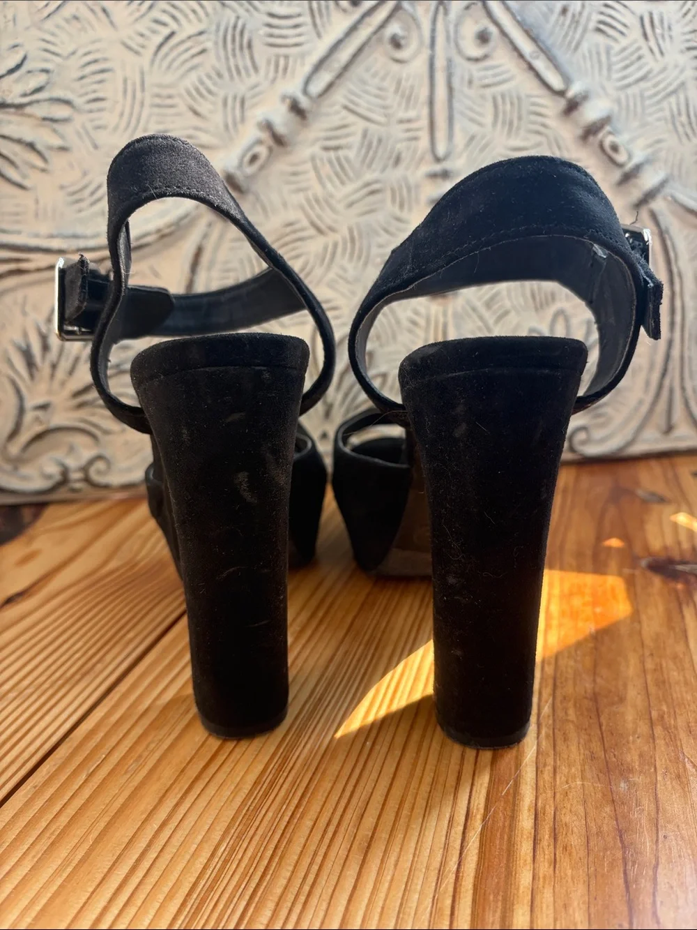 Black Platform Peep-Toe Ankle Strap Heels - Women